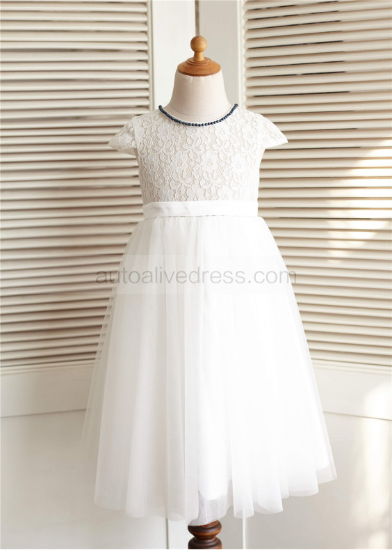 Ivory Lace Tulle Beaded Neckline Knee Length Flower Girl Dress 